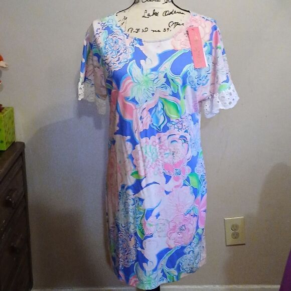 NWT LILY PULITZER HELINA FLORAL DRESS EYELET RUFFLE SLEEVES SMALL - Picture 1 of 13